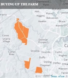 A map showing the rural blocks bought by the government in 2015-16, including Huntly in the north, which is across the river from the new Ginninderry suburban development adjoining Holt and extending north over the NSW border. Map: Markus Mannheim