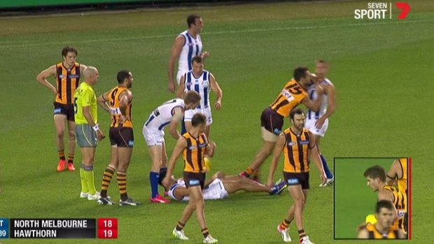 Hawthorn's Luke Hodge lashes out at North Melbourne's Andrew Swallow.