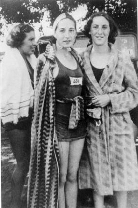  B Crawford, I Coeson, B Tippins from the Coburg Swim club who took part in a swimming race on the Yarra.