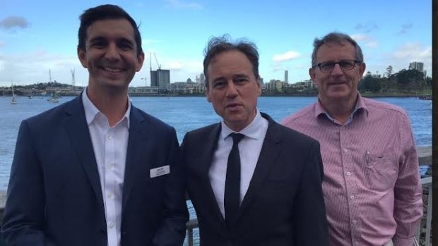 Announcing a Brisbane River clean-up is Brisbane's Liberal candidate Trevor Evans, Federal Environment Minister Greg Hunt and South East Queensland Catchments chief executive Simon Warner.