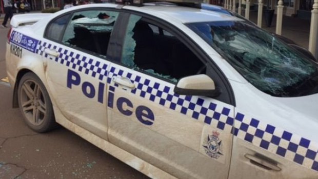 One of a number of police cars smashed in the Kalgoorlie riots.