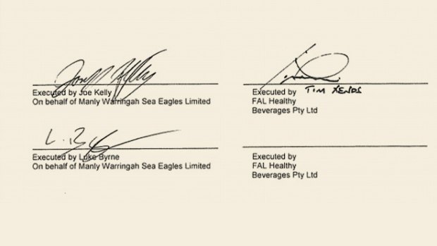 The signatures of Manly officials Joe Kelly and Luke Byrne and FAL's Tim Xenos.