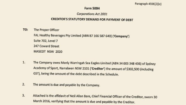 The statutory demand for payment sent by Manly.