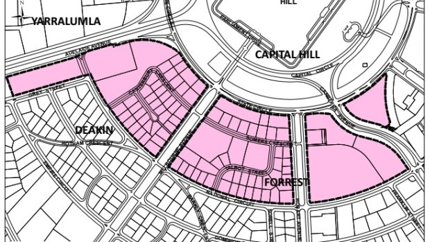 The Deakin/ Forrest residential precinct. The study area is more closely defined as the residential areas bounded by Canterbury Cres, National Cct, Hobart Ave and blocks fronting State Circle.