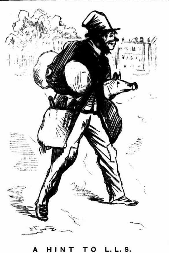 A cautionary cartoon from the Melbourne Punch newspaper of November 21, 1867 before the free banquet. L. L. Smith was the chairman of the banquet organising committee.