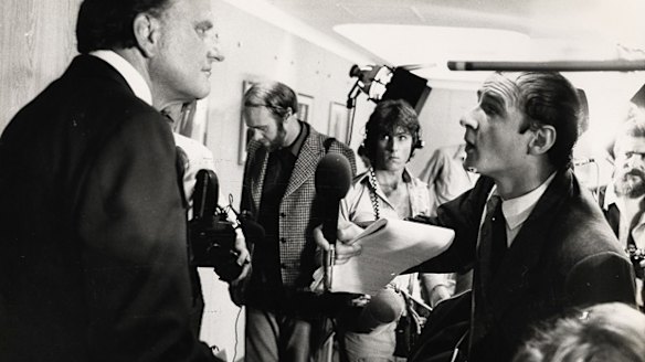 Garry McDonald in character as Norman Gunston during an interview with Billy Graham.