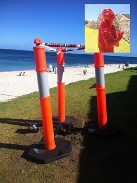 The red sculpture (inset) 'Childhood - Morning' was stolen from Sculptures By The Sea in 2012.


