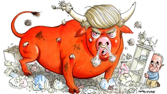 Malcolm Turnbull has adopted a fixed, forced grin in all his dealings with Donald Trump. Illustration: John Shakespeare