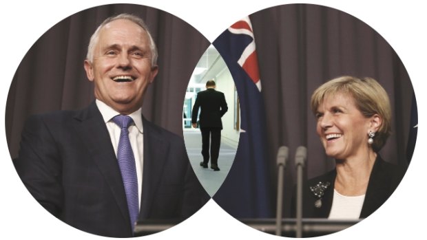 Changing of the guard: Prime Minister Malcolm Turnbull; former prime minister Tony Abbott; and Deputy Leader Julie Bishop. 