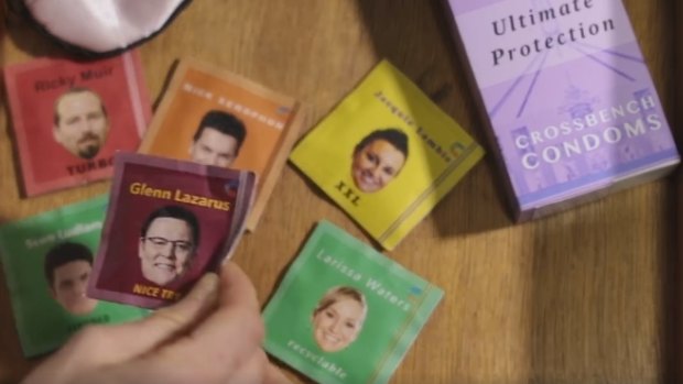 Glenn Lazarus and some of his Senate crossbench colleagues feature on condom wrappers in GetUp's sexually charged advertisement.