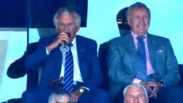 Alcohol and sport: Former prime minister Bob Hawke (left) skols a beer at the Sydney Ashes Test in January.