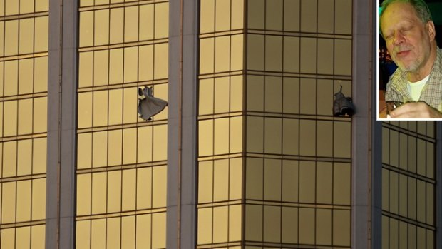 Stephen Paddock (inset) used a hammer to smash the window of his room in the Mandalay Bay Resort and Casino. 