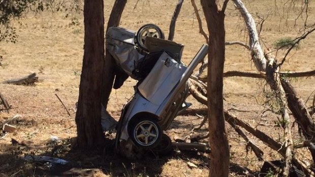 The wreckage of the Holden Commodore at Pyalong.