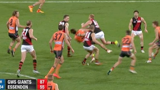 Adam Cooney cannoned into Stephen Coniglio after a centre bounce.