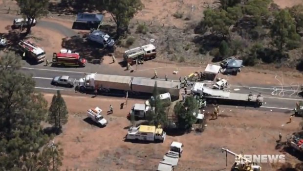 The scene of a fatal crash involving two trucks and several vehicles near Dubbo. 