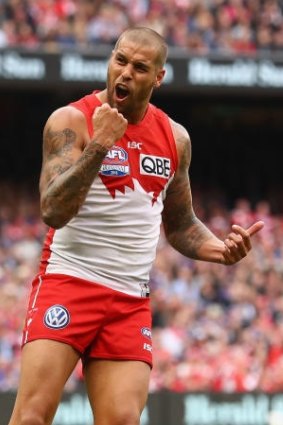 Another goal: Lance Franklin celebrates for the Swans.