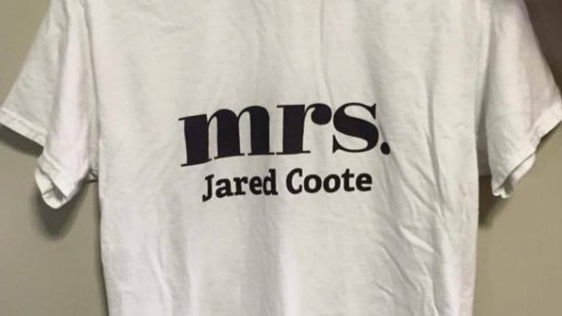The Mrs Jared Coote T-shirts made by Bec Donnan and Britt Roderick, the women behind the newsreader's Facebook fan club.