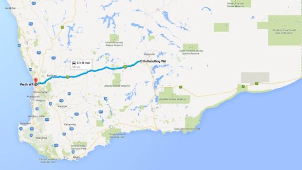 A map showing how far Bullabulling is away from Perth.