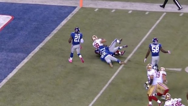 Oh so close: Jarryd Hayne is brought down close to the end zone at Giants Stadium.