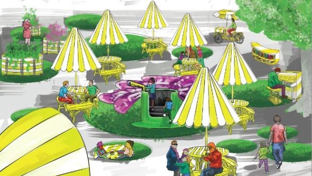 The Grounds of Garema takes the form of a micro amphitheatre complete with community piano, picnic tables and umbrellas.