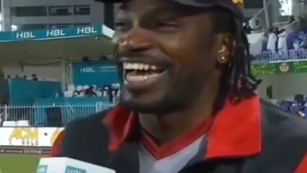 Making light of things: Chris Gayle during the pitchside interview.