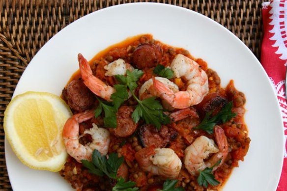 Spanish lentils with prawns and chorizo.