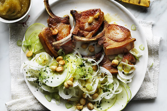 Pork cutlets with fennel and apple salad, macadamias and apple sauce.
