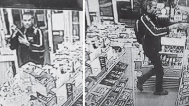 Police have released images of the would-be robber, brandishing a stick as if it were a gun.
