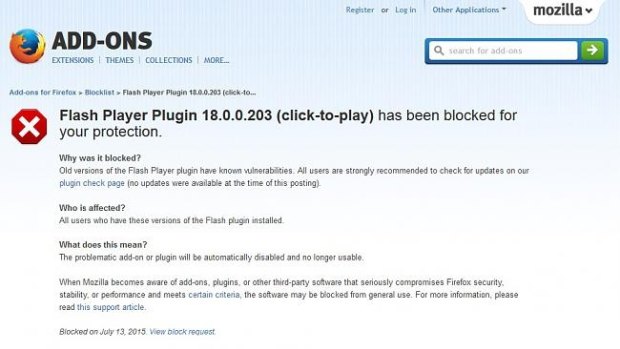 Firefox now blocks the latest version of Flash citing 'known vulnerabilities'.