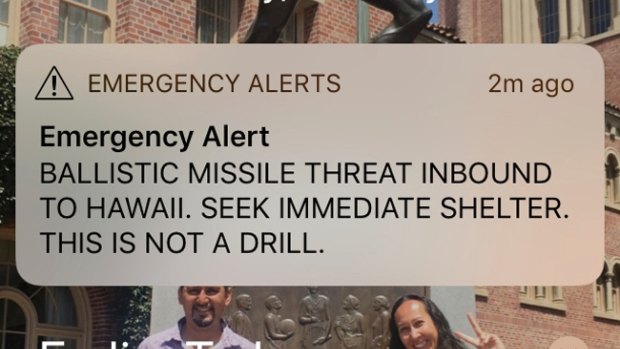This smartphone screen capture shows a false incoming ballistic missile emergency alert sent from the Hawaii Emergency Management Agency system on January 13.