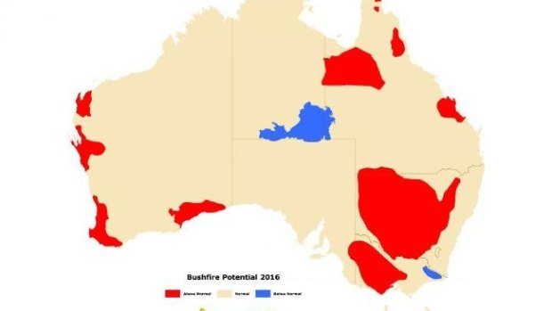 The bushfire outlook for southern Australia (red: high risk, white: normal, blue: below average). 