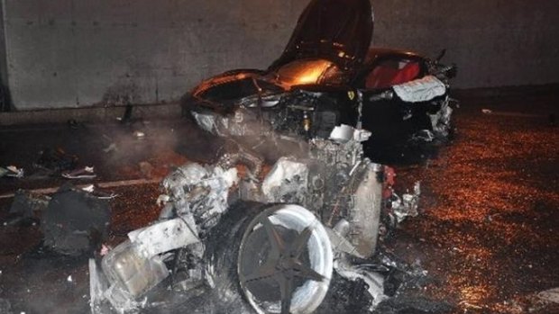 The wreckage of a Ferrari which exploded into flames after a crash in Beijing that killed Ling Gu, the son of Ling Jihua, in March 2012.