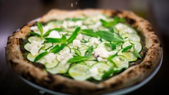Ria's new-school green pizza with zucchini, pesto, feta and mint.