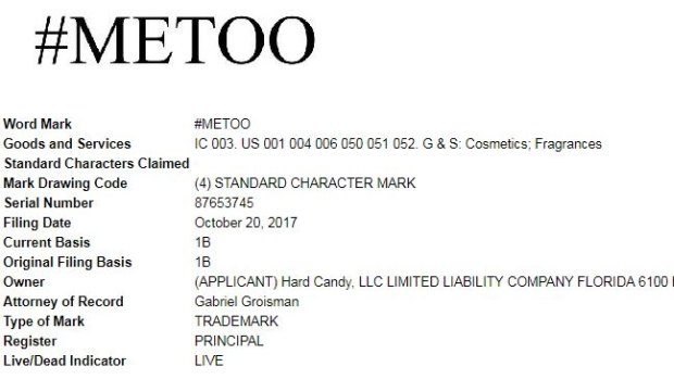 A clipping showing the application for the US trademark by Hard Candy for the hashtag #metoo that was lodged in October.