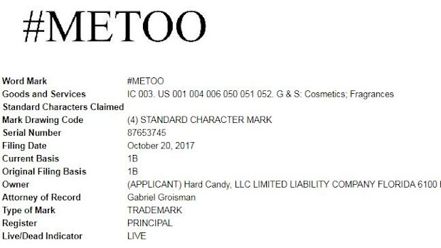 A clipping showing the application for the US trademark by Hard Candy for the hashtag #metoo that was lodged in October.