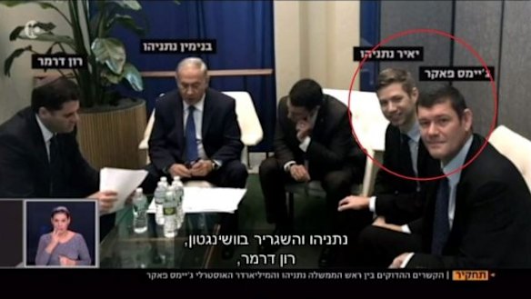 Israeli ambassador to the US Ron Dermer and Benjamin Netanyahu at left, and Yair Netanyahu and James Packer at right.