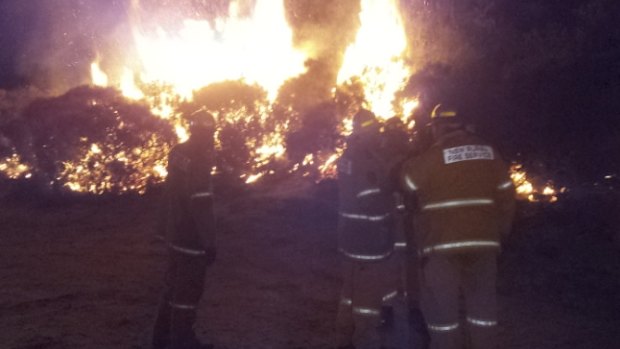 NSW Firemen keep a vigil on a fire at Wentworth Falls in the Blue Mountains.