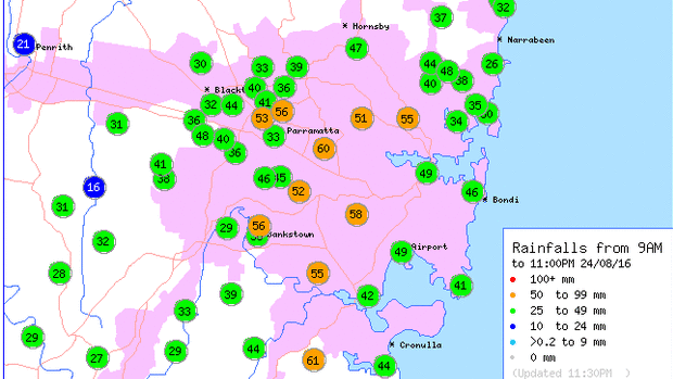 Rainfall around Sydney in millimetres from 9am to 11.30pm on Wednesday.