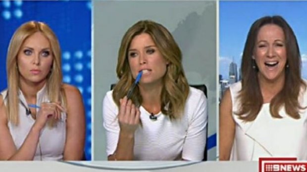 Julie Snook (left), Amber Sherlock (middle) and Sandy Rea all wore tops on air on Channel Nine - causing Sherlock to thrown a tantrum.