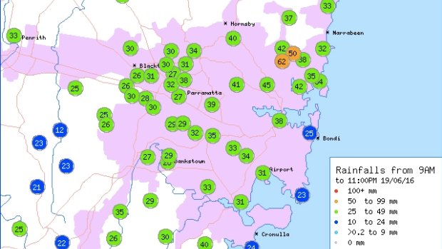 Rainfall across Sydney from 9am to 11pm on Sunday.