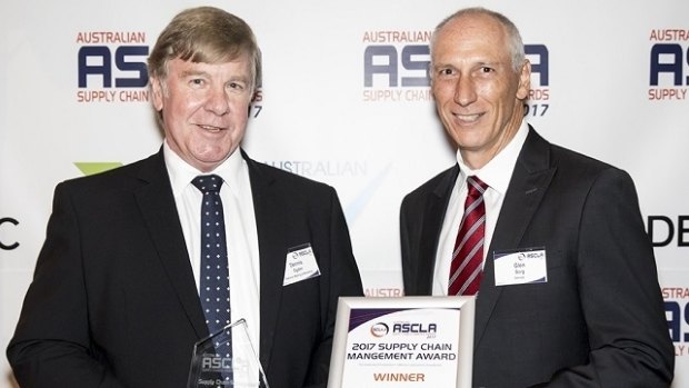 Denis Ogden (left), general manager of Canberra business National Mailing and Marketing, receiving the award from event  sponsor Glen Borg, from  Dematic.