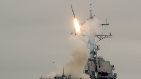 A Tomahawk missile is launched during a test in 2010 in the Pacific Ocean.