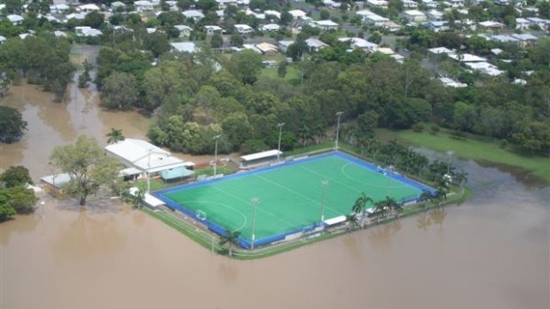 Rockhampton Hockey Association surrounded by floodwaters in 2011. Local sports groups are again bracing for rising water levels this week.