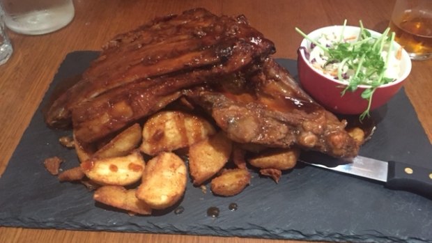 Karl's barbecued ribs, complete with a "truckload" of chips