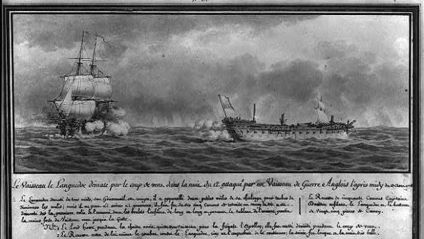 The French vessel Languedoc under fire from the British ship Renown in 1778, by Pierre Ozanne. 
