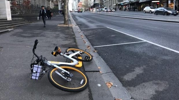 An oBike left on Spencer Street in June.
