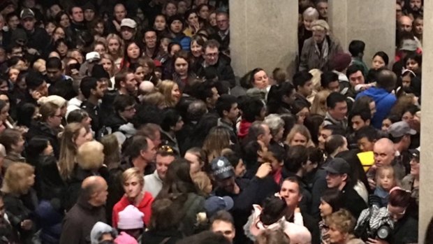 Two directions: The tightly packed crowd between Circular Quay and the Sydney Opera House during the Vivid Sydney festival last Sunday.