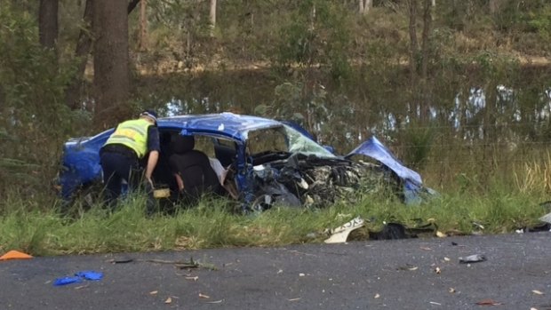 The wreckage of Matt Tudor's car following the head-on collision on the Central Coast.