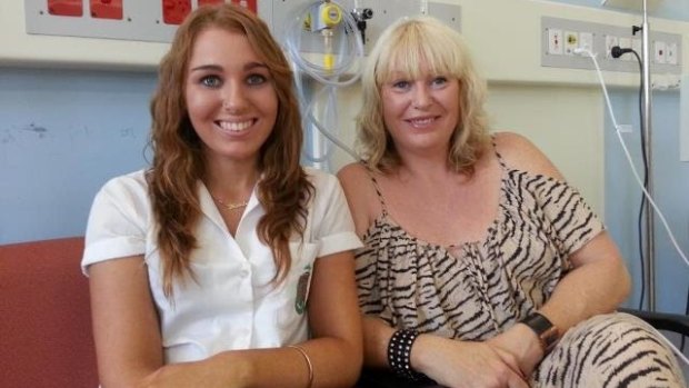 Dee Edmondson waits for a blood transfusion at Gosford Hospital in 2012 with her mother Jane.