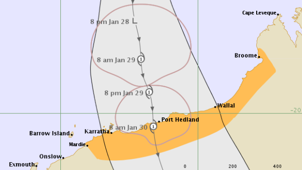 The tropical low tracking off the Pilbara coast. 